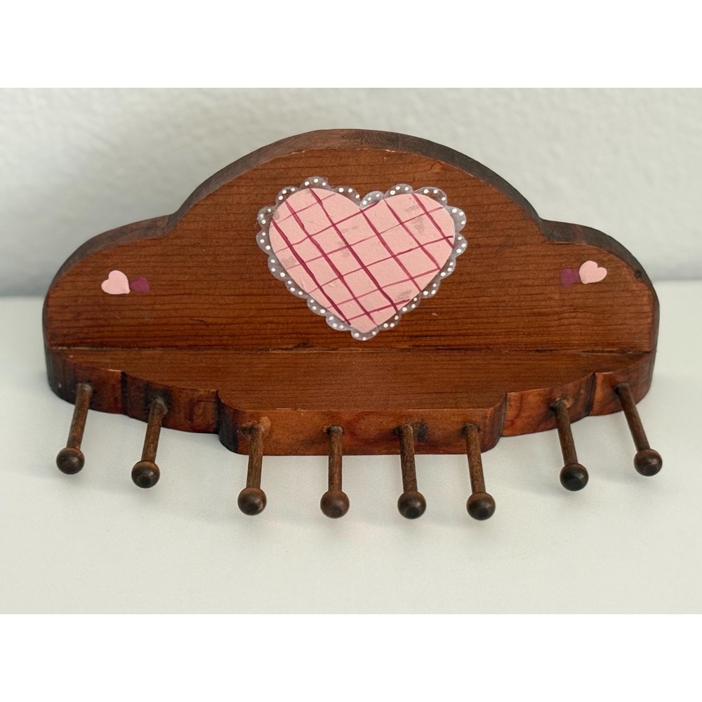 Vintage Wooden Key Holder Wall Rack 8 Peg Pink Heart Cottagecore